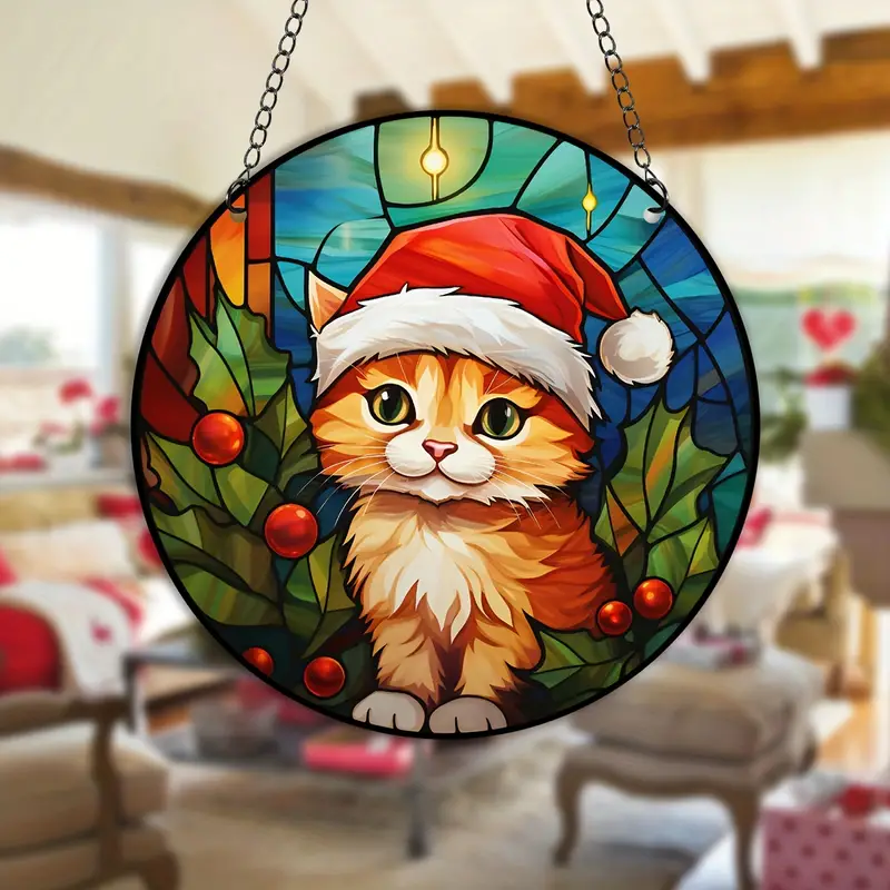 Christmas Cat Catcher Suncatcher, Stained Glass Window Hanging For Home, Office, Kitchen And Living Room Decor, Home Decor Room Decor Theme Party Decor, Christmas Decorations