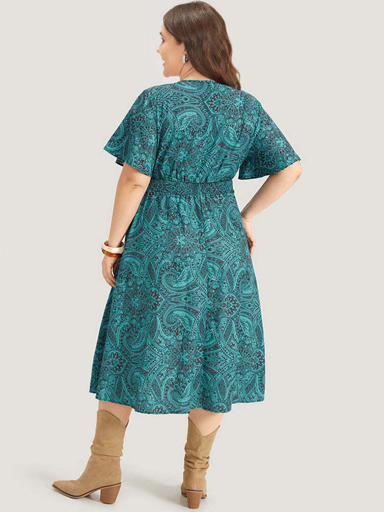 Bandana & Paisley Print Shirred Pocket Midi Dress