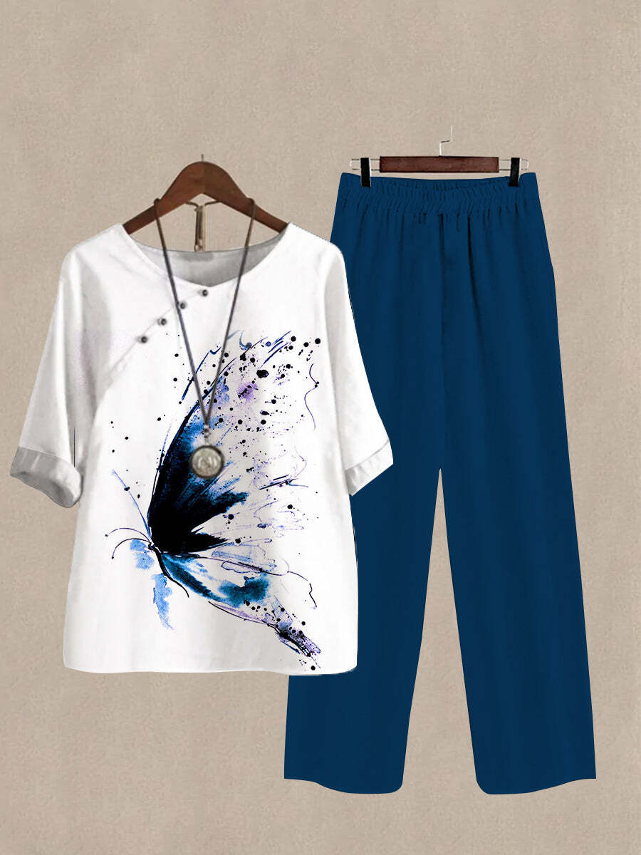 Women's Watercolor Painting Print Half Sleeve Top And Wide Leg Pants Linen Two Pieces