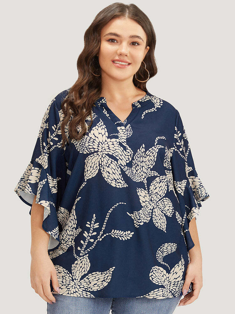 Silhouette Floral Print Bell Sleeve Ruffle Trim Blouse