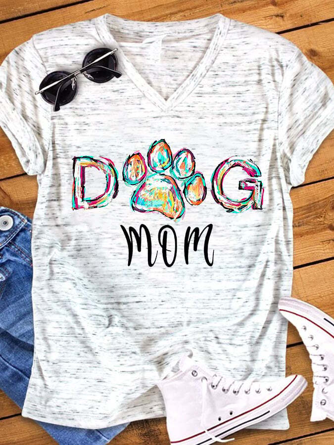 Women's Dogs Mom Paw Print Snowflake Dot V-Neck T-Shirt