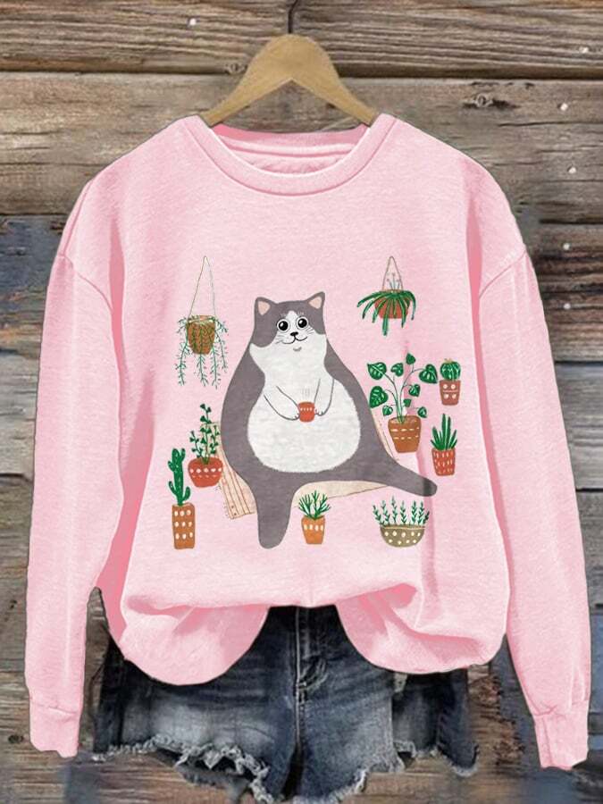 Women'S Cat Print Casual Long-Sleeved Sweatshirt