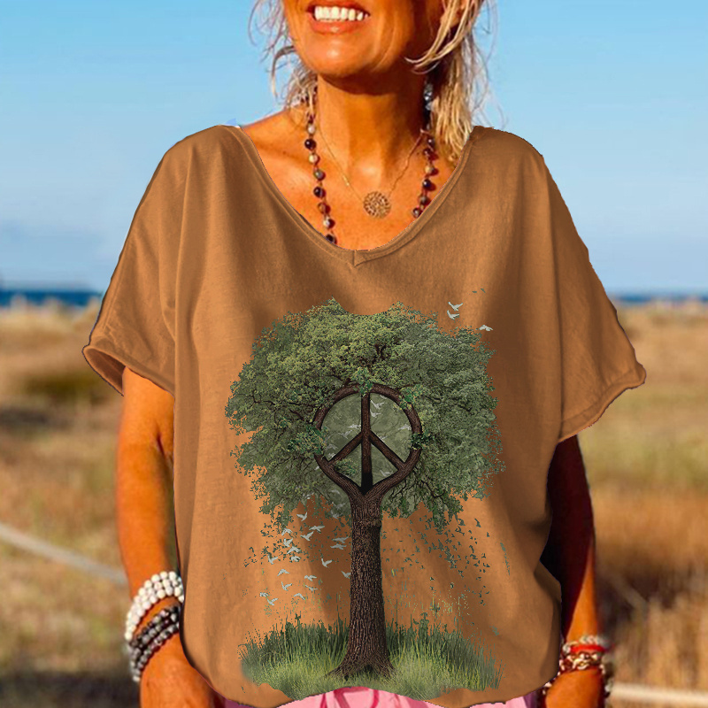 Retrotefe Hippies Symbol Tree Graphic Women T-shirt