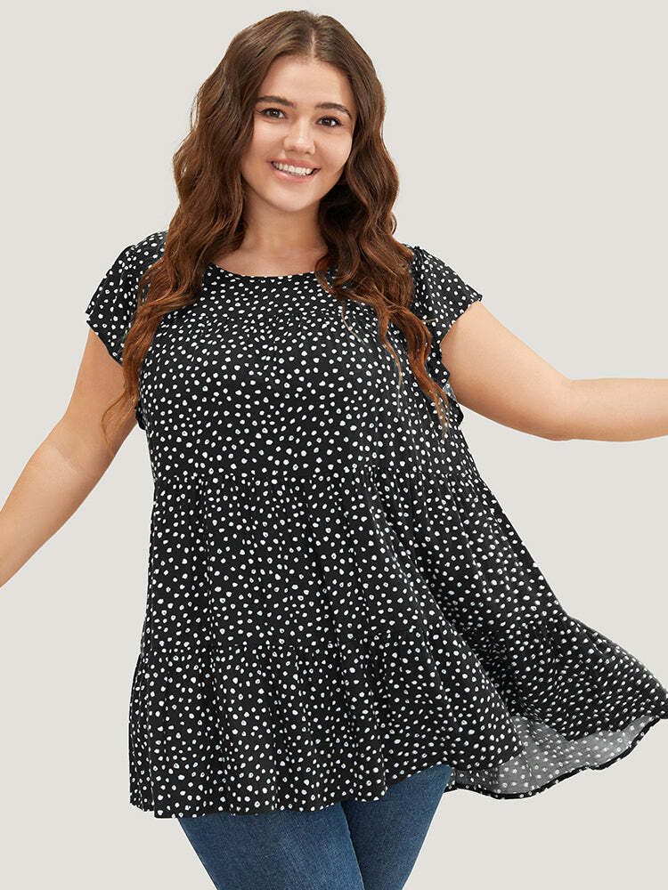 🌸Allover Print Cap Sleeve Ruffle Hem Gathered Blouse