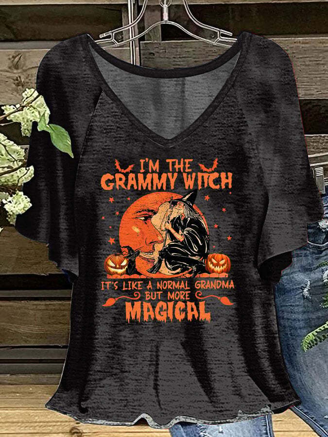 Women's I'm the Grammy Witch Print V-Neck Ruffle Sleeve T-Shirt
