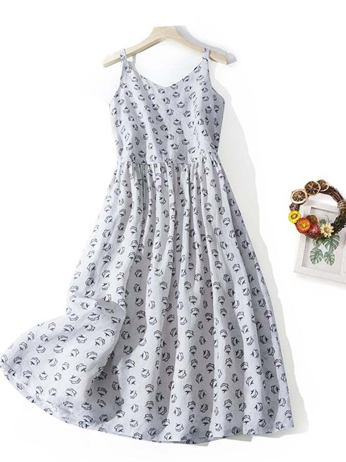 Cotton And Linen Commuting Artistic Printed Suspender Dress