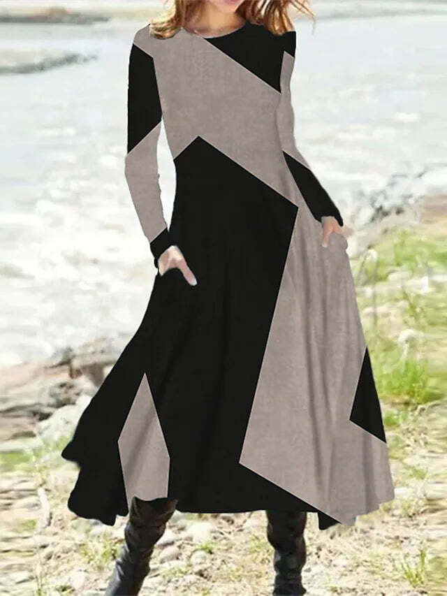 Gray Black Geometric Color Block Dress