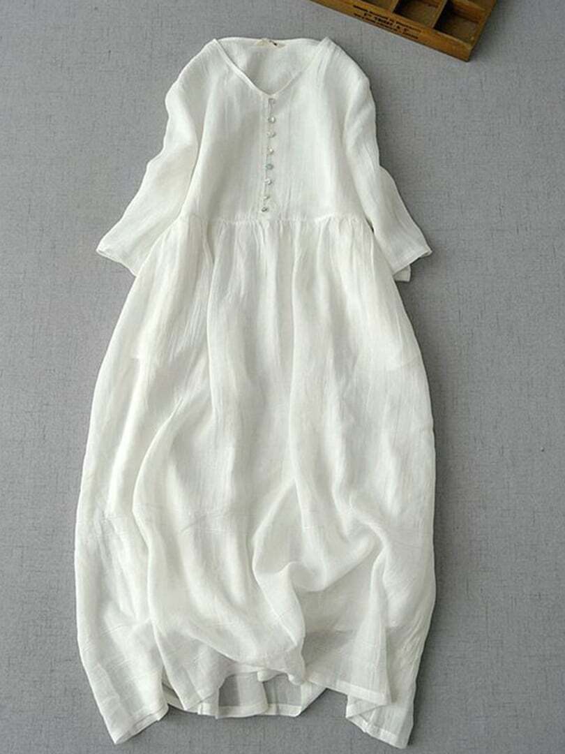 Literary And Retro Cotton And Linen V-neck Half-sleeved Dress