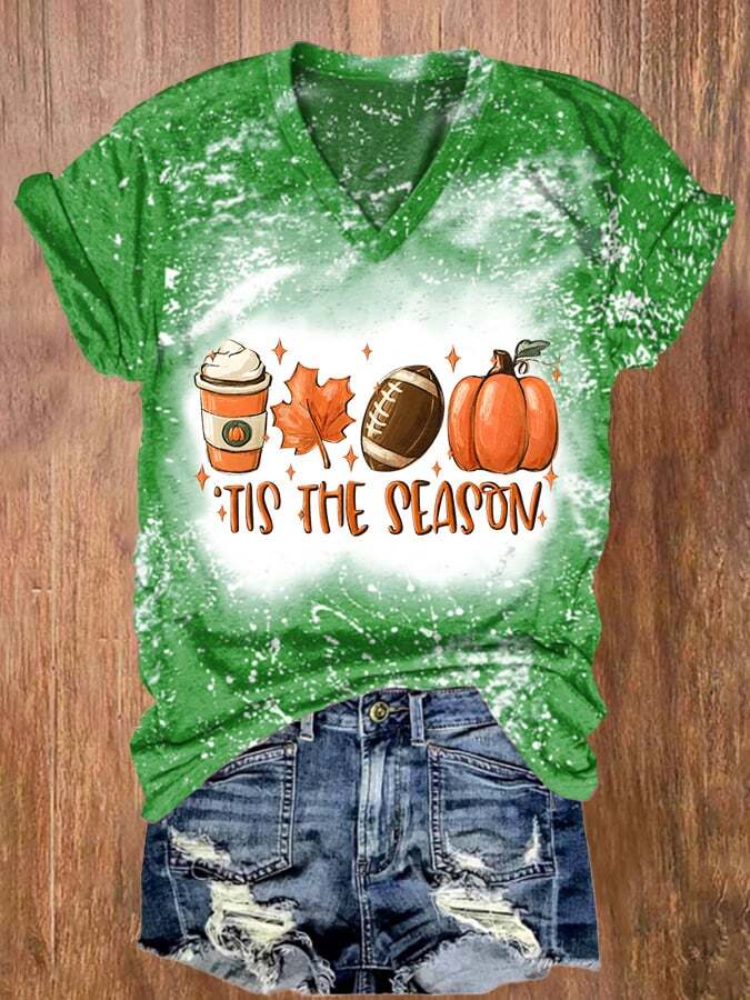 V-neck Tie Dye Football Tis The Season Pumpkin Maple Leaf Print T-Shirt