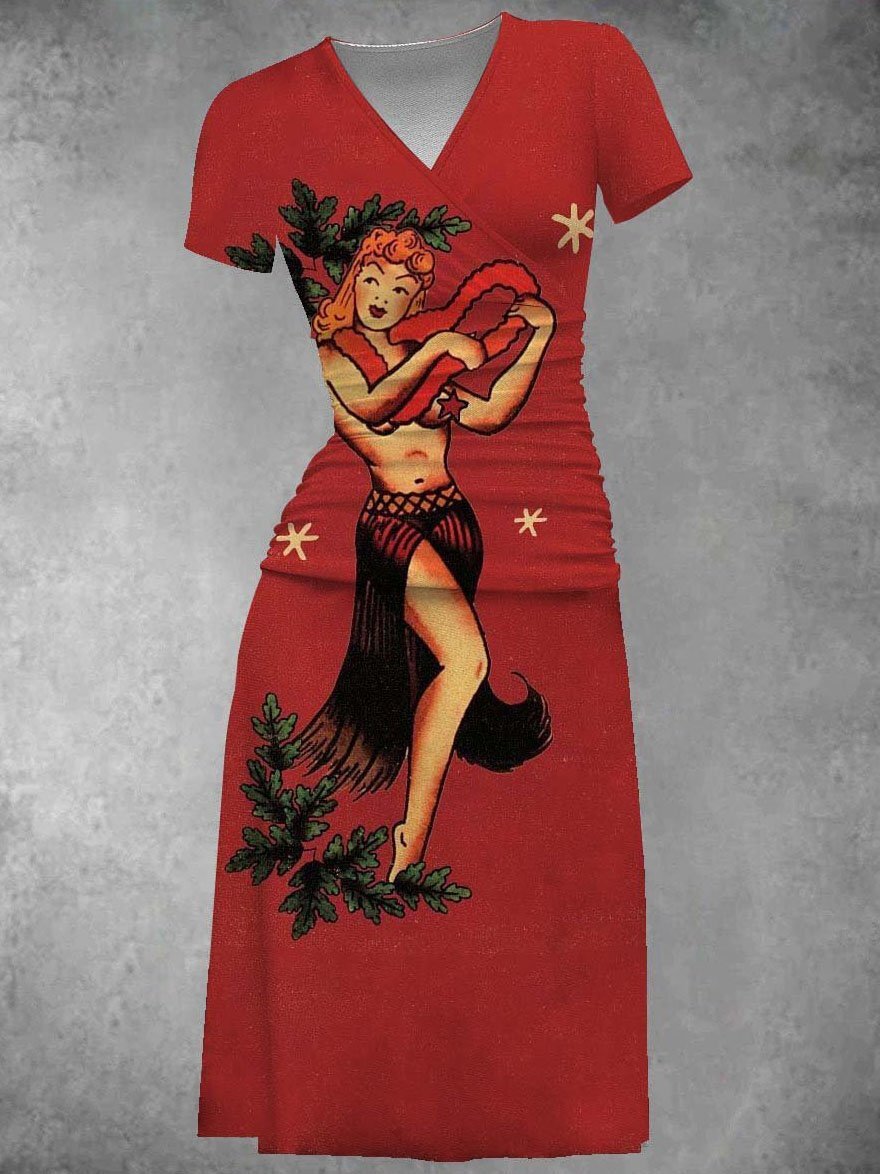 Women'S Vintage Girl Tattoo Printed Short-Sleeved V-Neck Dress