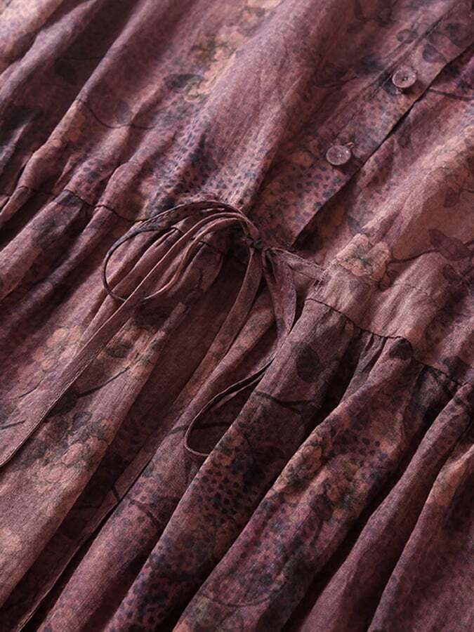 Cotton And Linen Retro Lace Up Waist 5/4 Sleeve Lapel Dress