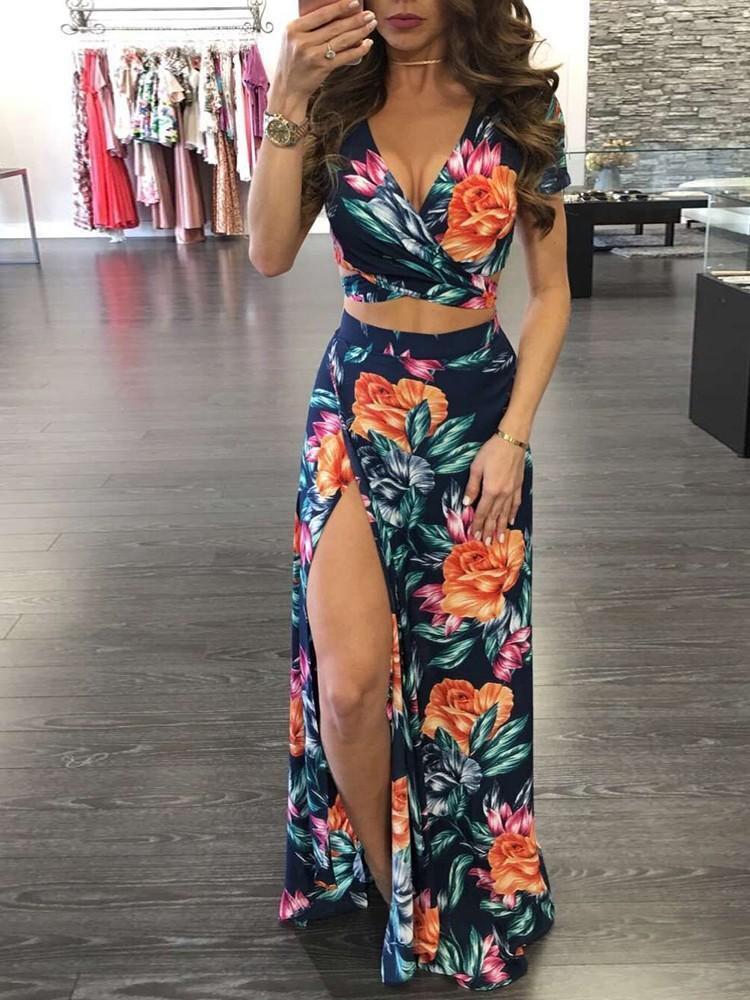 Stylish High Slit Floral Print Maxi Dress Set
