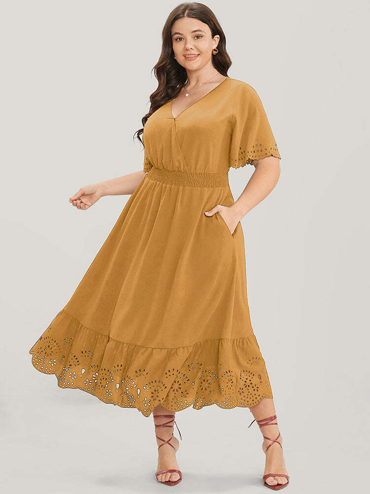 Solid Laser Cut Shirred Pocket Wrap Scalloped Trim Flutter Dress