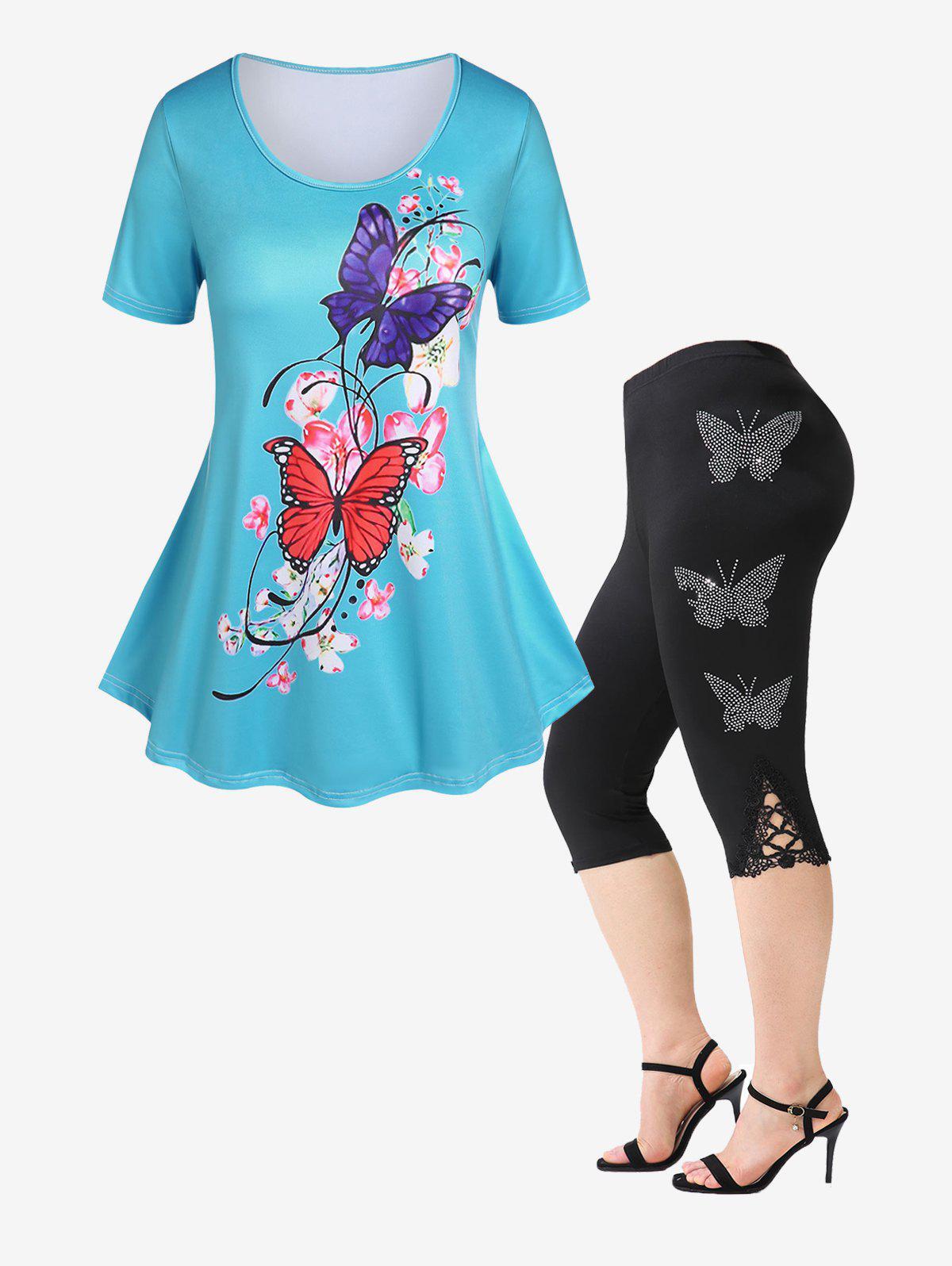 3D Sparkles Stars Printed Tee and Leggings Matching Set Plus Size Summer Outfit