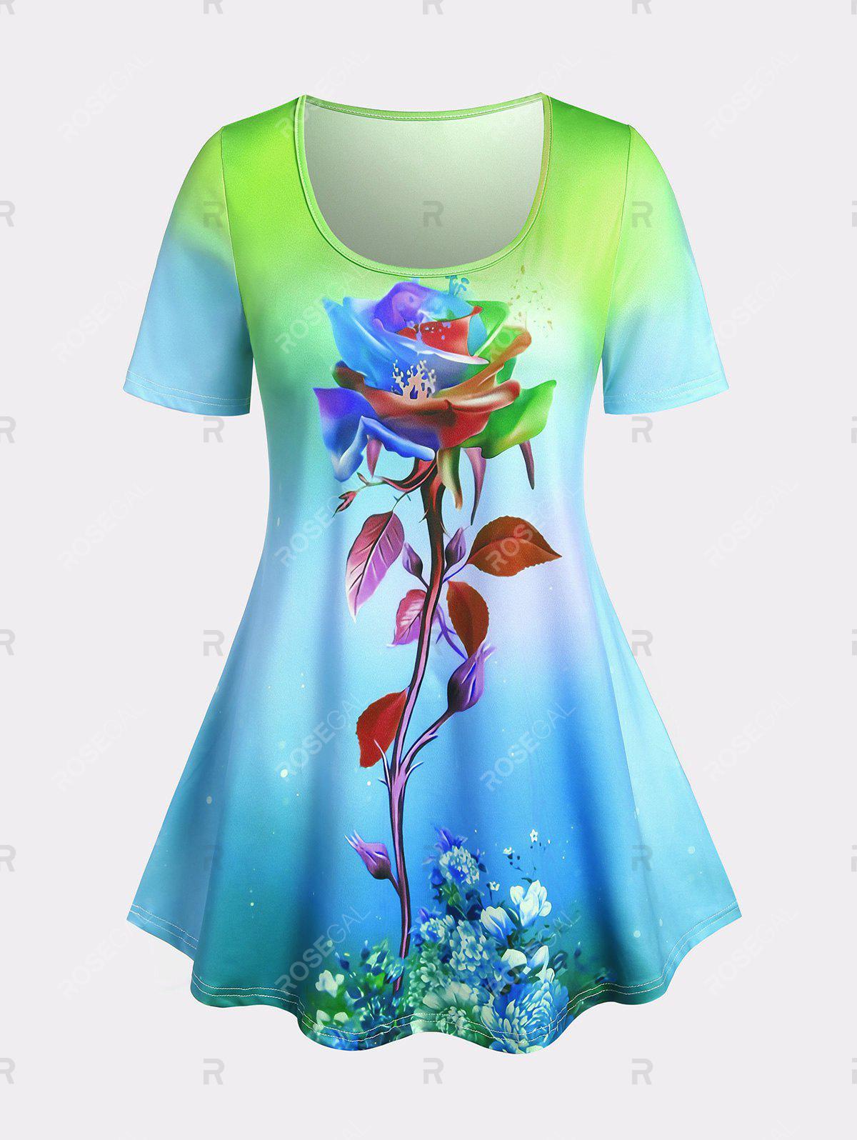 Ombre Color Rose Print Tee and Butterfly Capri Leggings Plus Size Summer Outfit