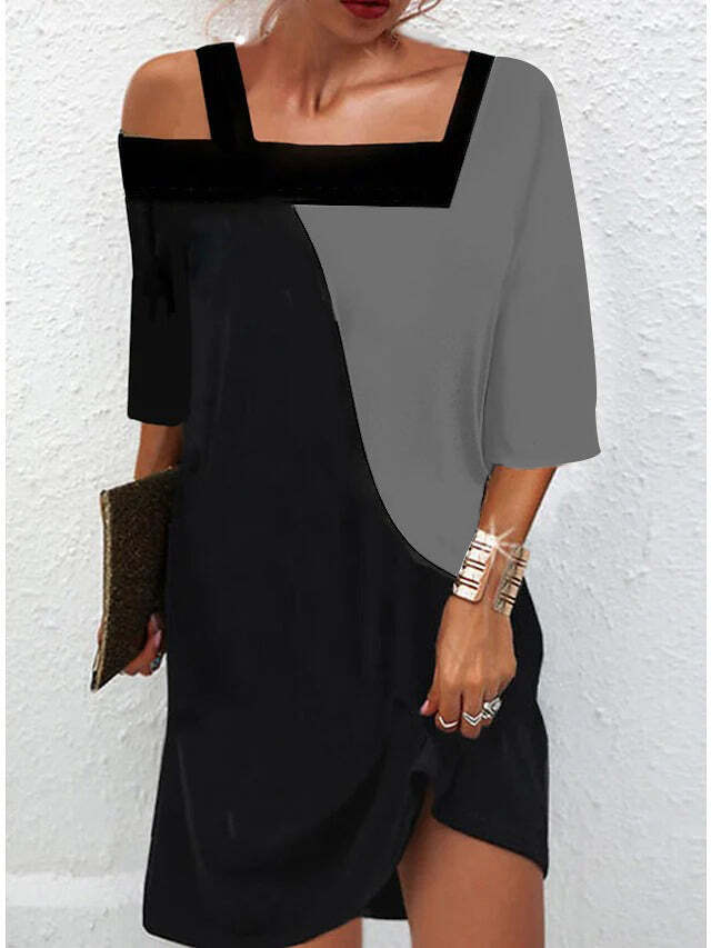 Gray and Black Asymmetrical Cold Shoulder Mini Dress