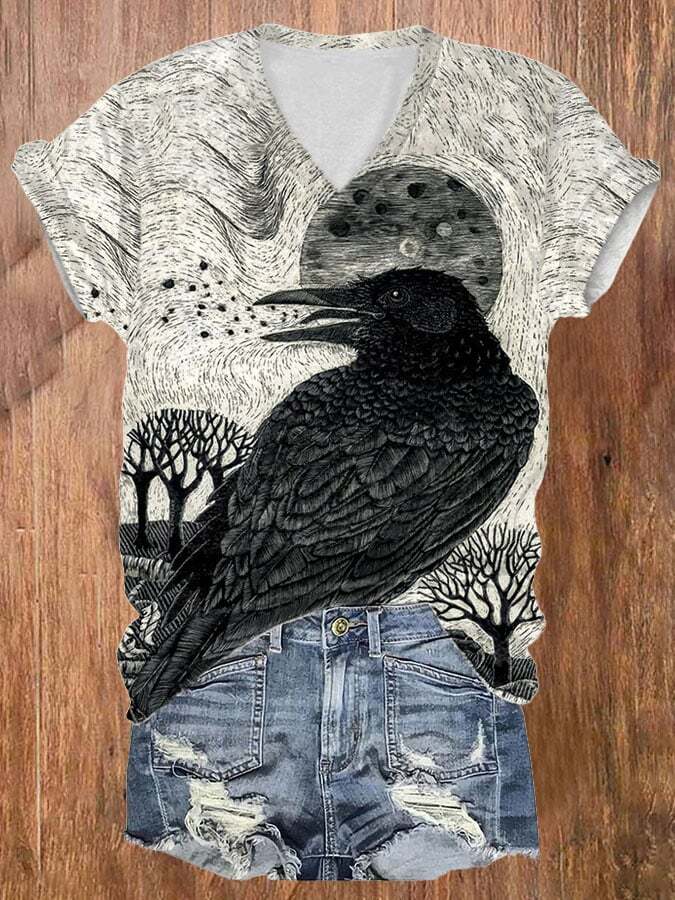 Women's Halloween Raven Pattern Art Print Casual T-Shirt