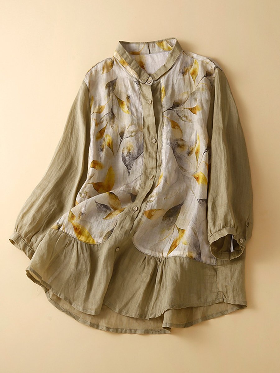 Vintage Patchwork Design 3/4 Sleeve Cotton Linen Shirt