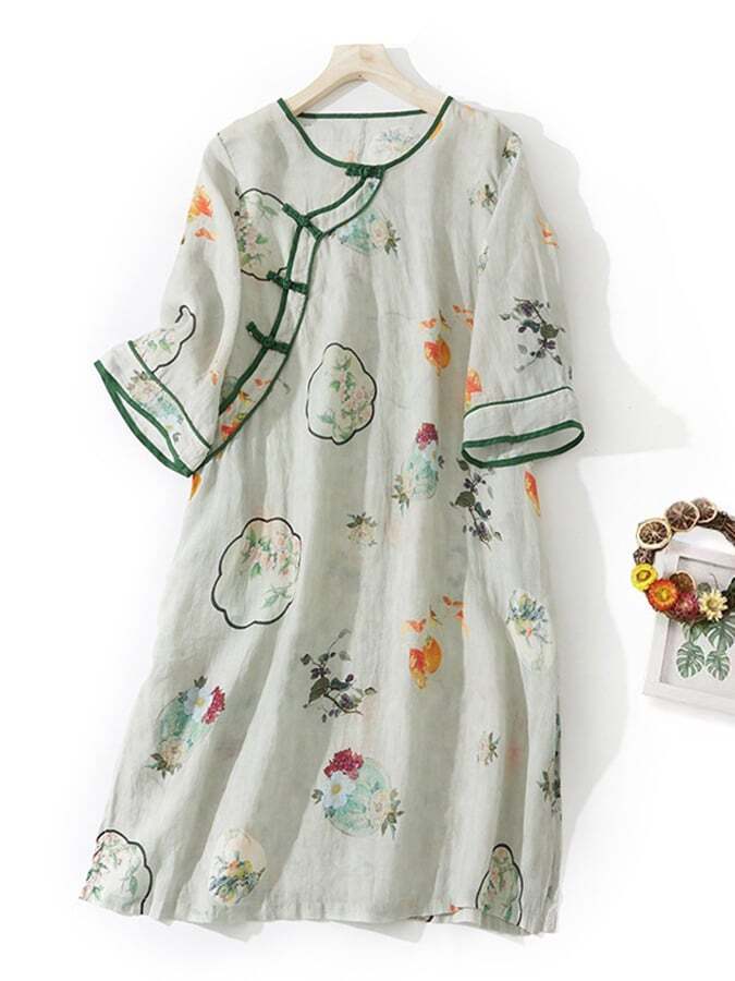 Vintage Chinese Style Printed Slant Open Frog Button Dress