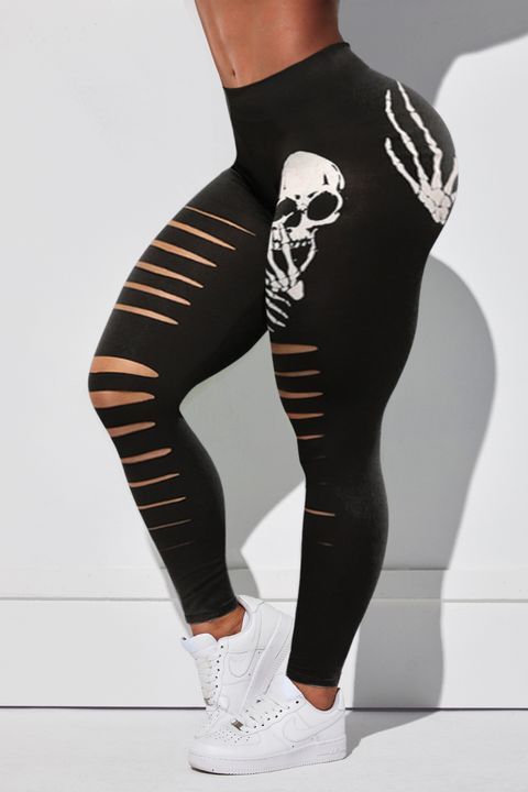 Skeleton Print Ripped High Waist Sports Leggings