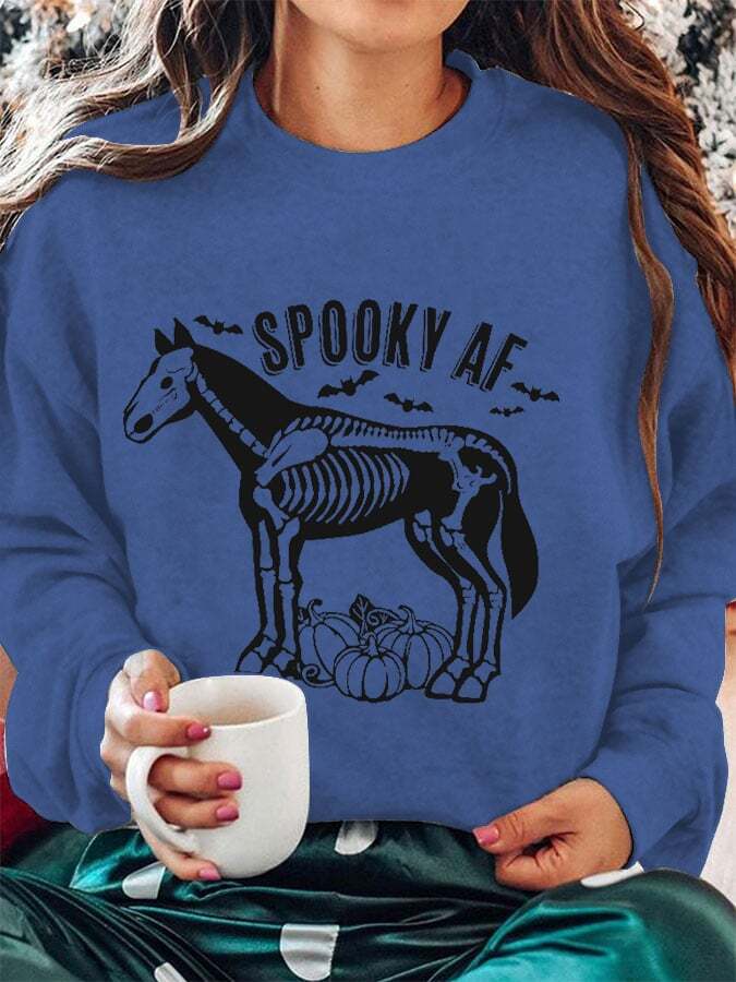 Women's Equestrian Halloween Spooky AF Print Crew Neck Sweatshirt