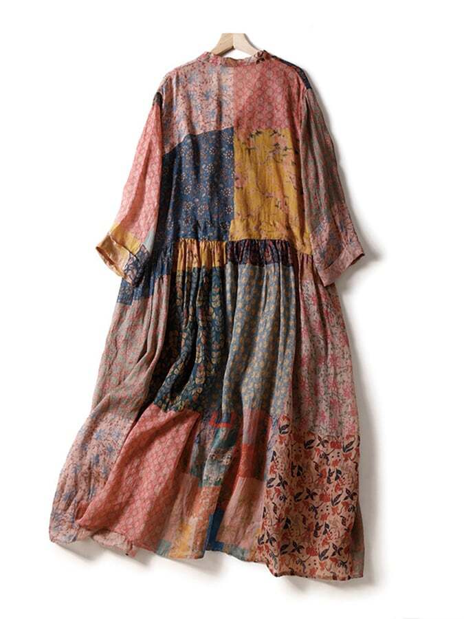Cotton And Linen V-Neck Retro Ethnic Style Printed Dress