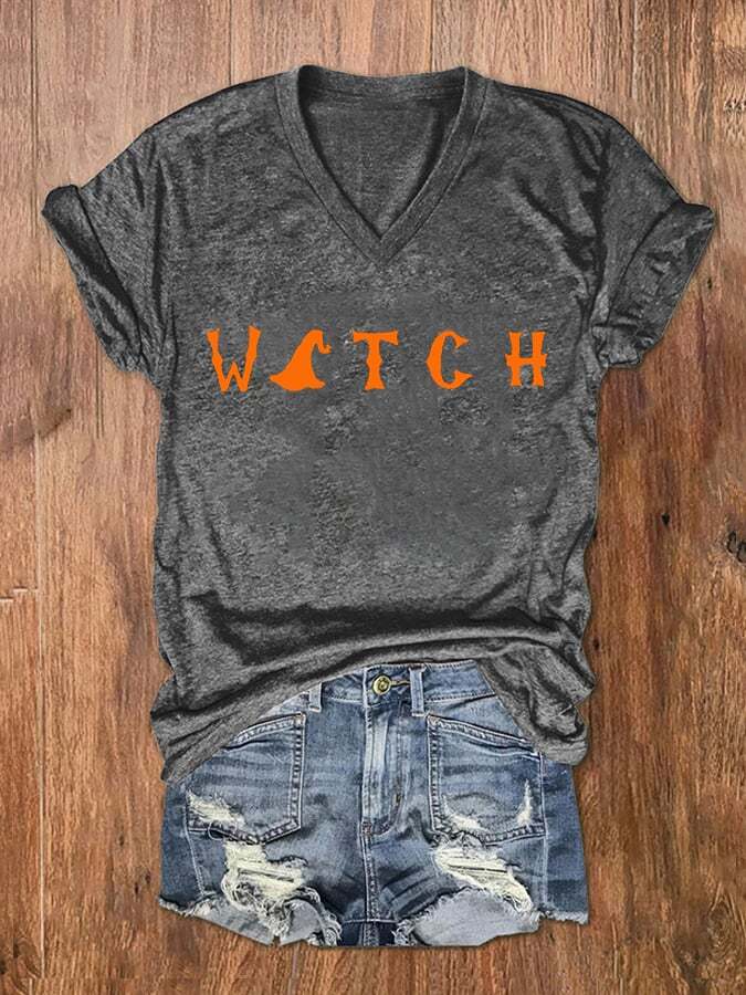 Women's Halloween Witch American Flag Print V-Neck T-Shirt