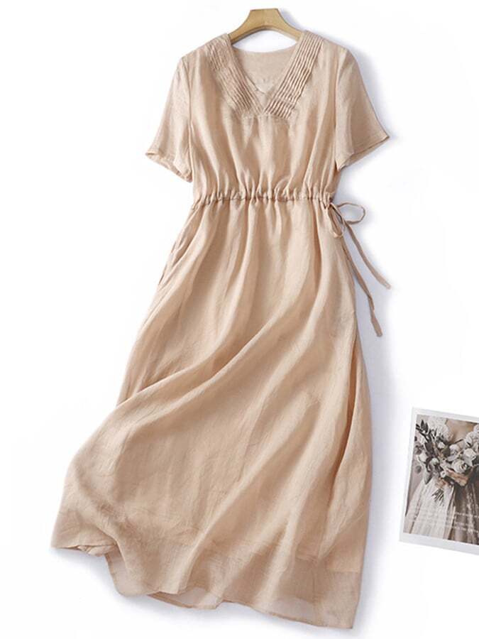 Solid Color Pleated Loose V-Neck Short Sleeved Dress
