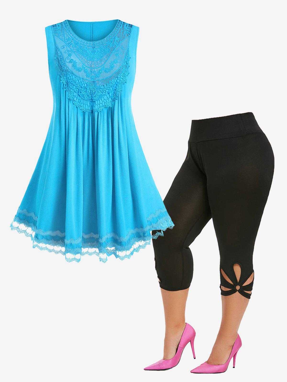 Lace Panel Tank Top and Cutout Leggings Plus Size Summer Outfit