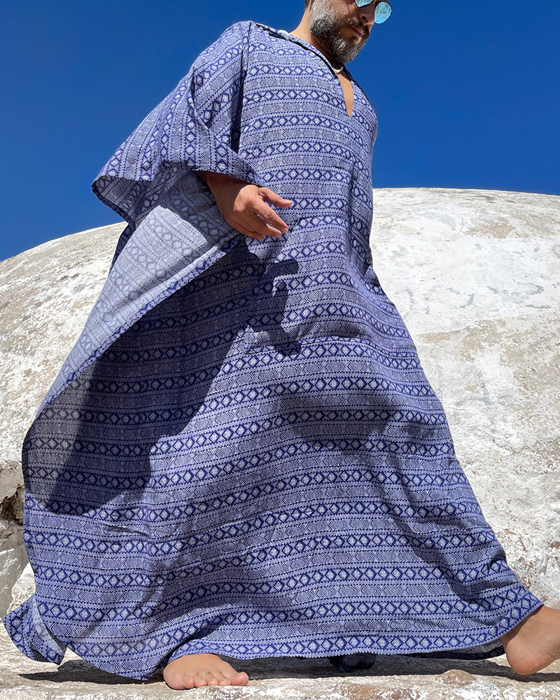 Men's Linen Kaftan Grecian Print Robe 7df8