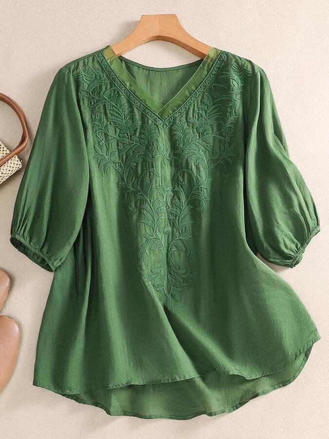 Mesh Embroidery V-Neck Loose Casual Shirt