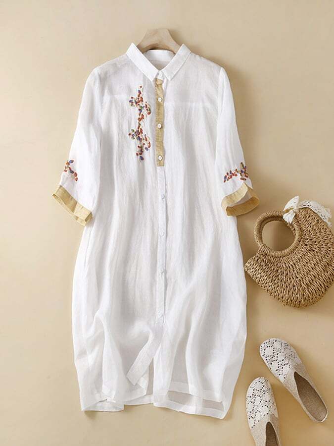 Cotton And Linen Embroidered Contrasting Ethnic Style Dress
