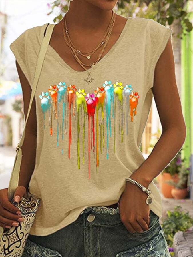 Women's Colorful Dog Paw Heart Print T-Shirt