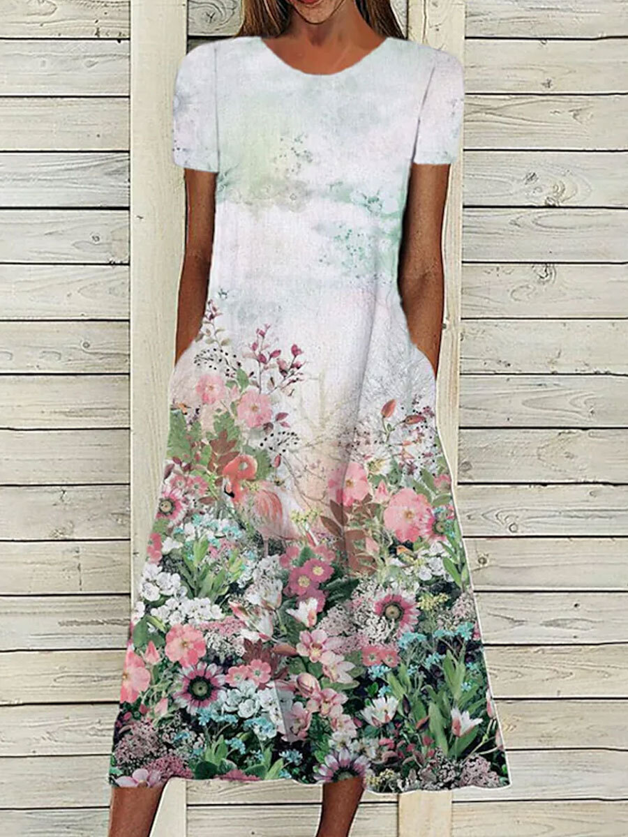 Round Neck Loose Casual Floral Print Short Sleeve Midi Dress