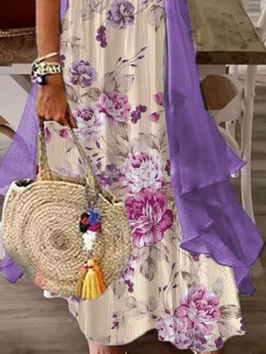 Casual Floral Print V Neck Half Sleeves Two-Piece Maxi Dress