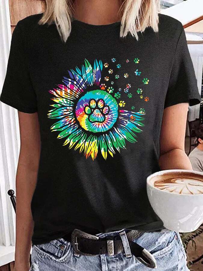 Women's Colorful Sunflower Dog Paw Graphic Tee
