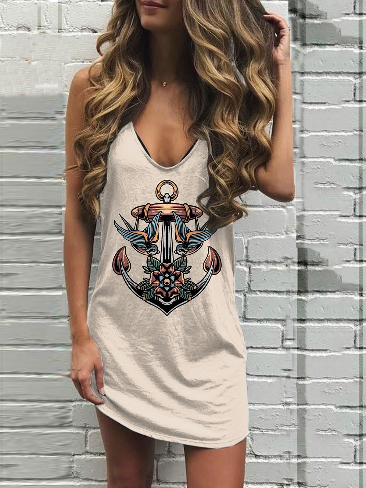 🔥Buy 2 Get 10% Off🔥Old School Tattoo Sailboat Print V Neck Sleeveless Tank Dress