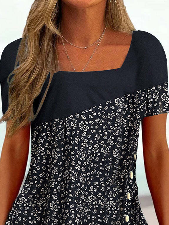 Women's Short Sleeve U-neck Floral Printed Graphic Button Top
