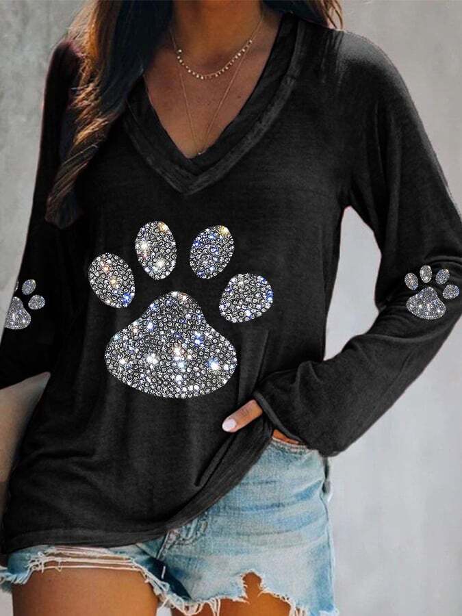 Women's Dog Paw Rhinestone Print V-Neck Long Sleeve T-Shirt