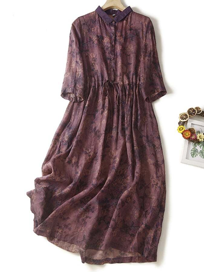 Cotton And Linen Retro Lace Up Waist 5/4 Sleeve Lapel Dress