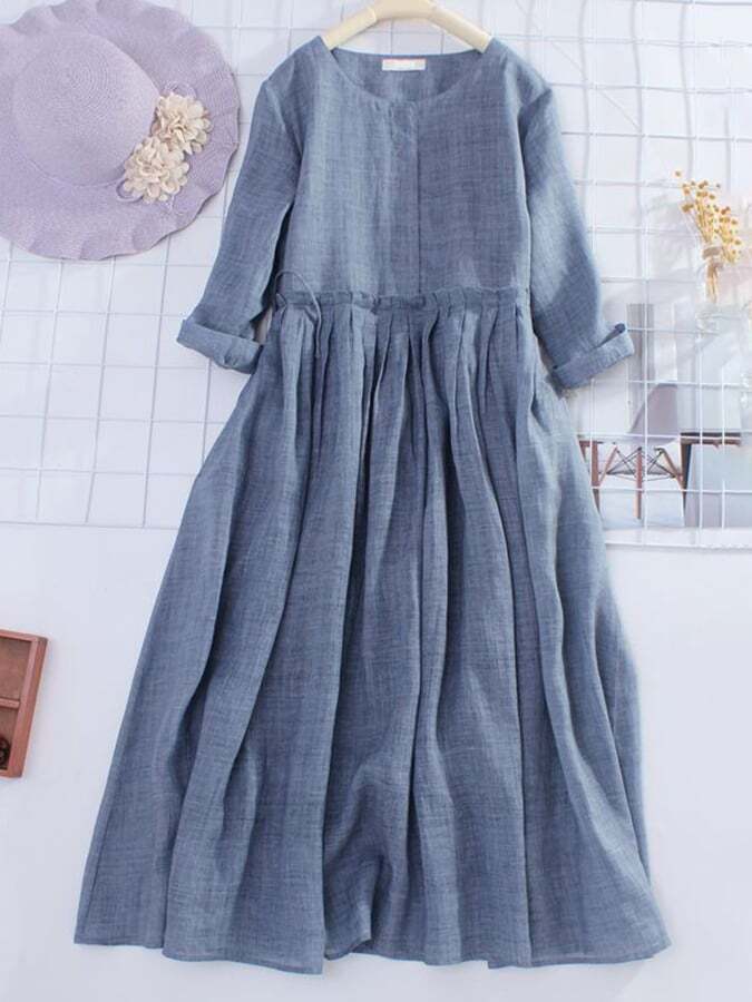 Medium Sleeved Cotton Linen Loose Lace Up Large Swing Dress