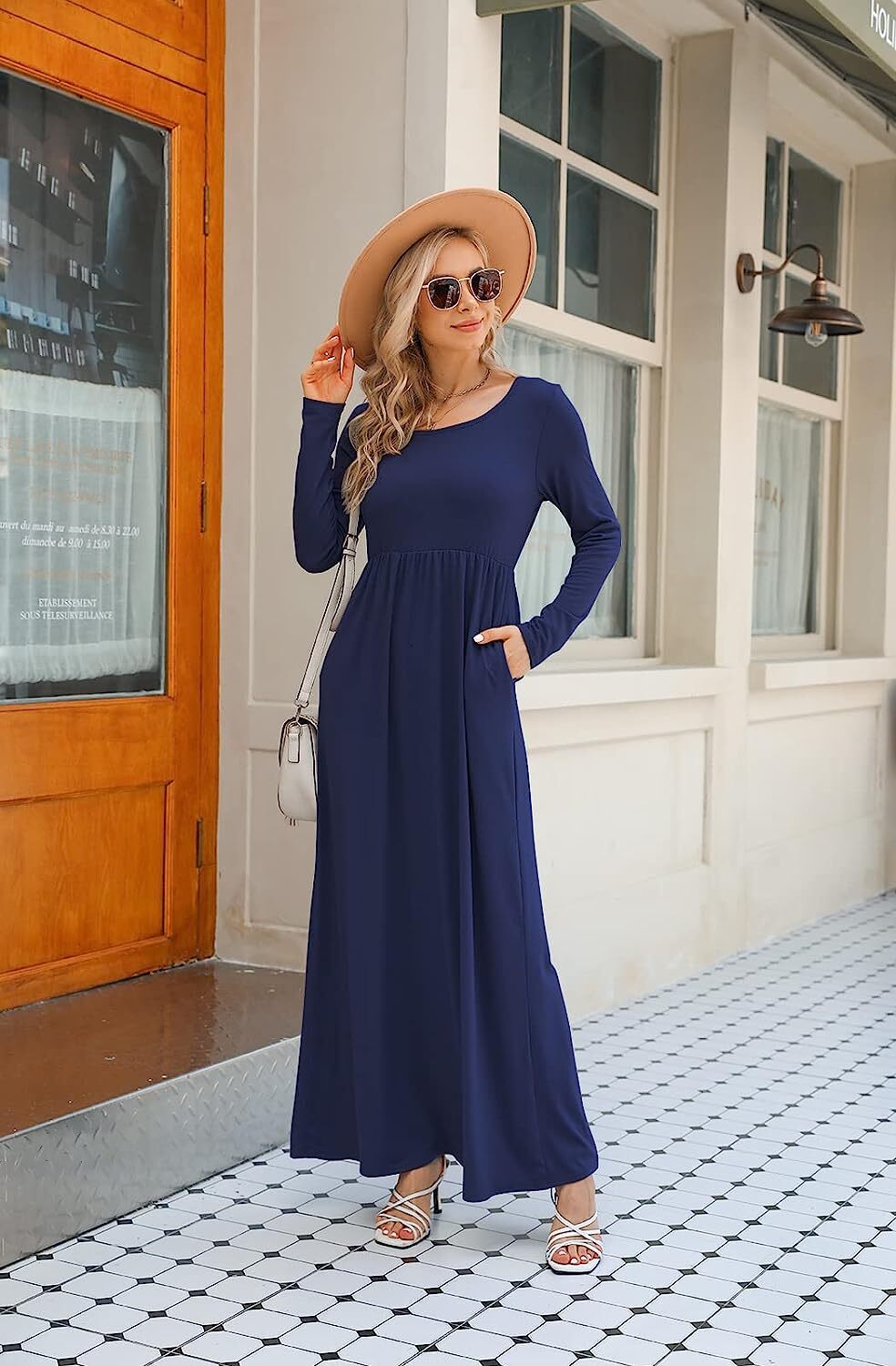 Supnier Women's Short Long Sleeve Maxi Dresses Casual Empire Waist Long Dress with Pockets