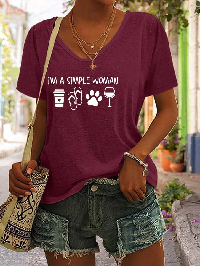 Women's  I'm A Simple Woman Dog Paws Print Casual V-Neck Tee