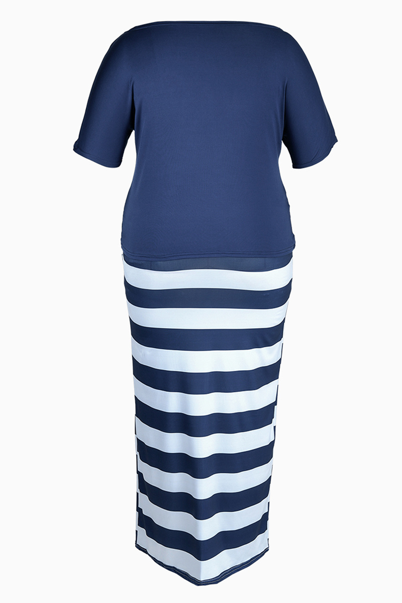 Deep Blue Fashion Casual Print Basic Oblique Collar Plus Size Two Pieces