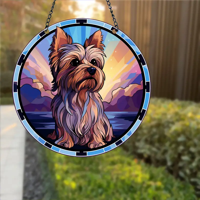 Cute Dog Yorkie Window Hanging At Sunset Sky Suncatcher With Metal Chain For Wall Horticultural Ornaments, Home Decor, Hanging Window Decor(#3)