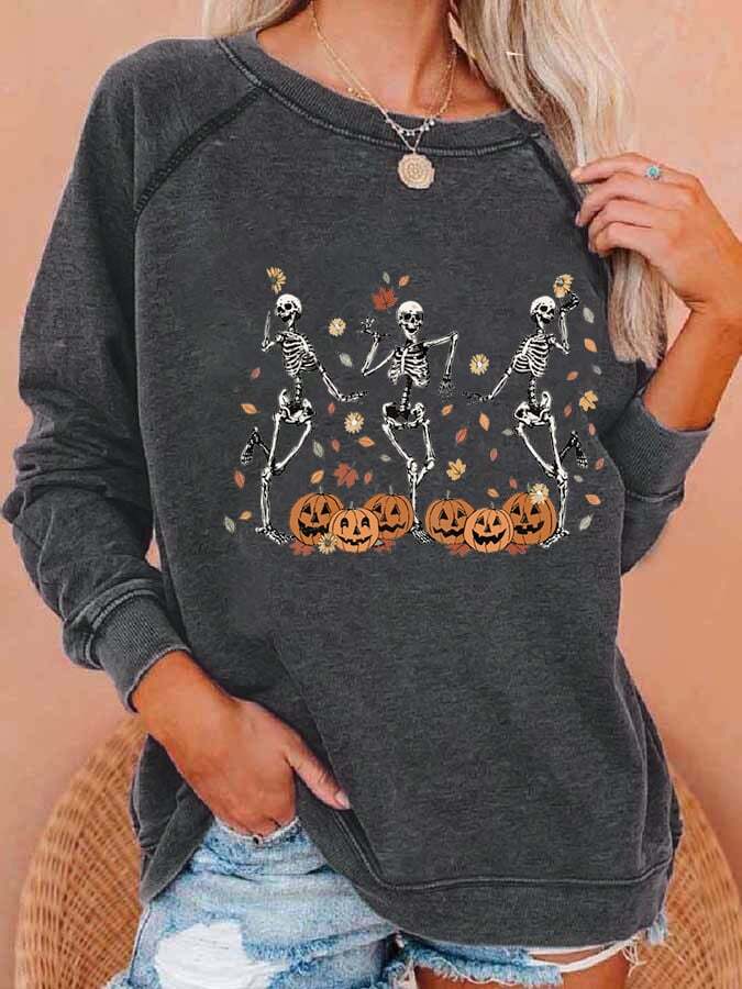 Women's Dancing Skeleton Pumpkin Print Casual Sweatshirt
