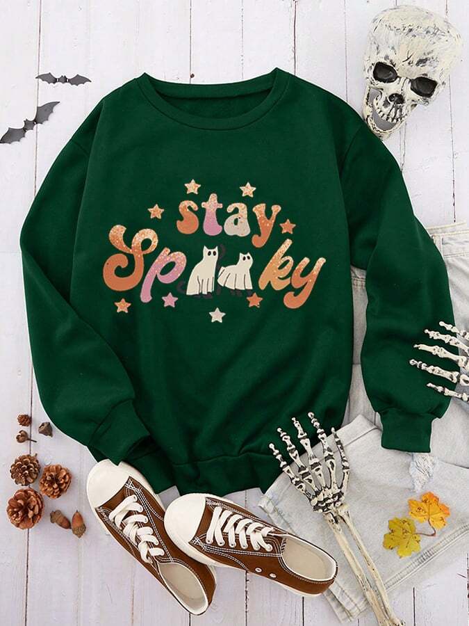 Halloween Cat Stay Spooky Print Sweatshirt