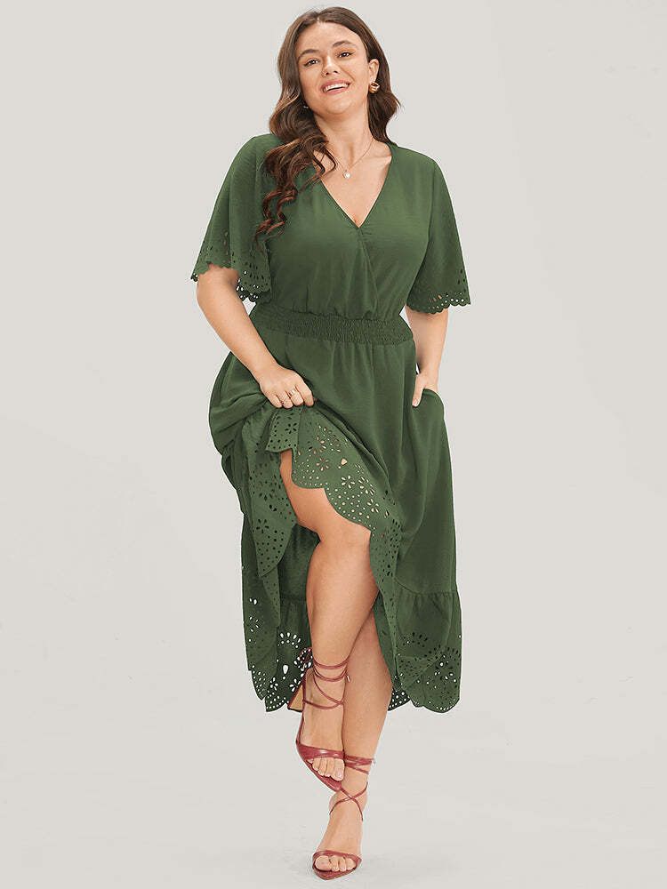 Solid Laser Cut Shirred Pocket Wrap Scalloped Trim Flutter Dress