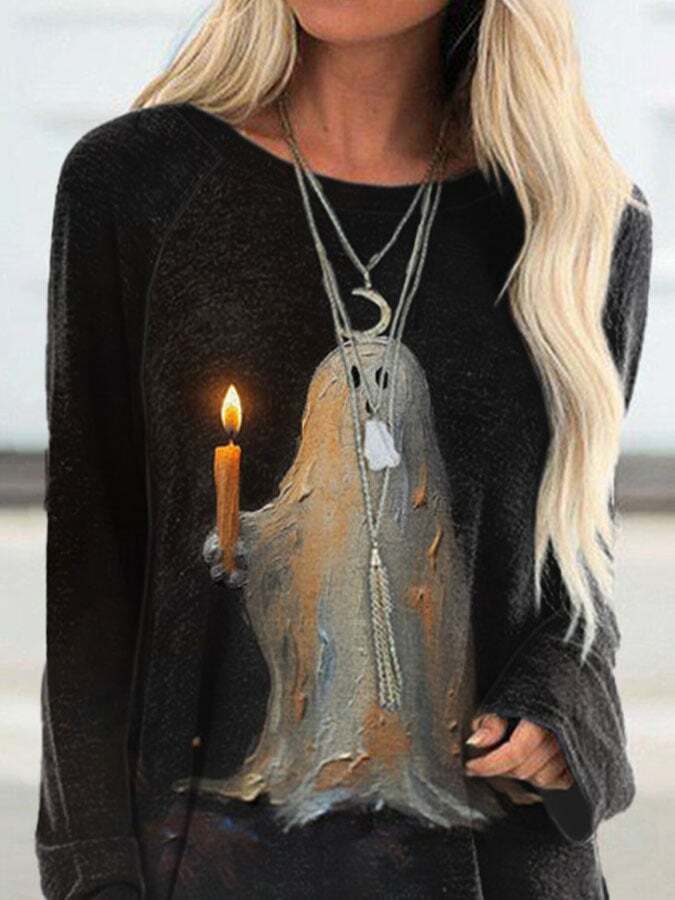Retro Ghost Painting Candle Print Irregular Tops