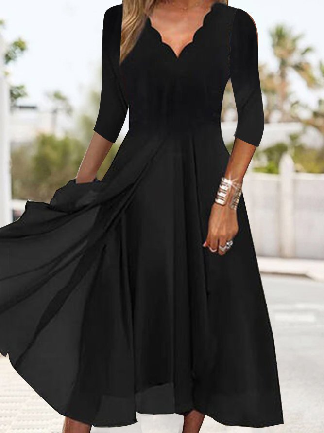 Solid Black Layered 3/4 Sleeve Midi Dress